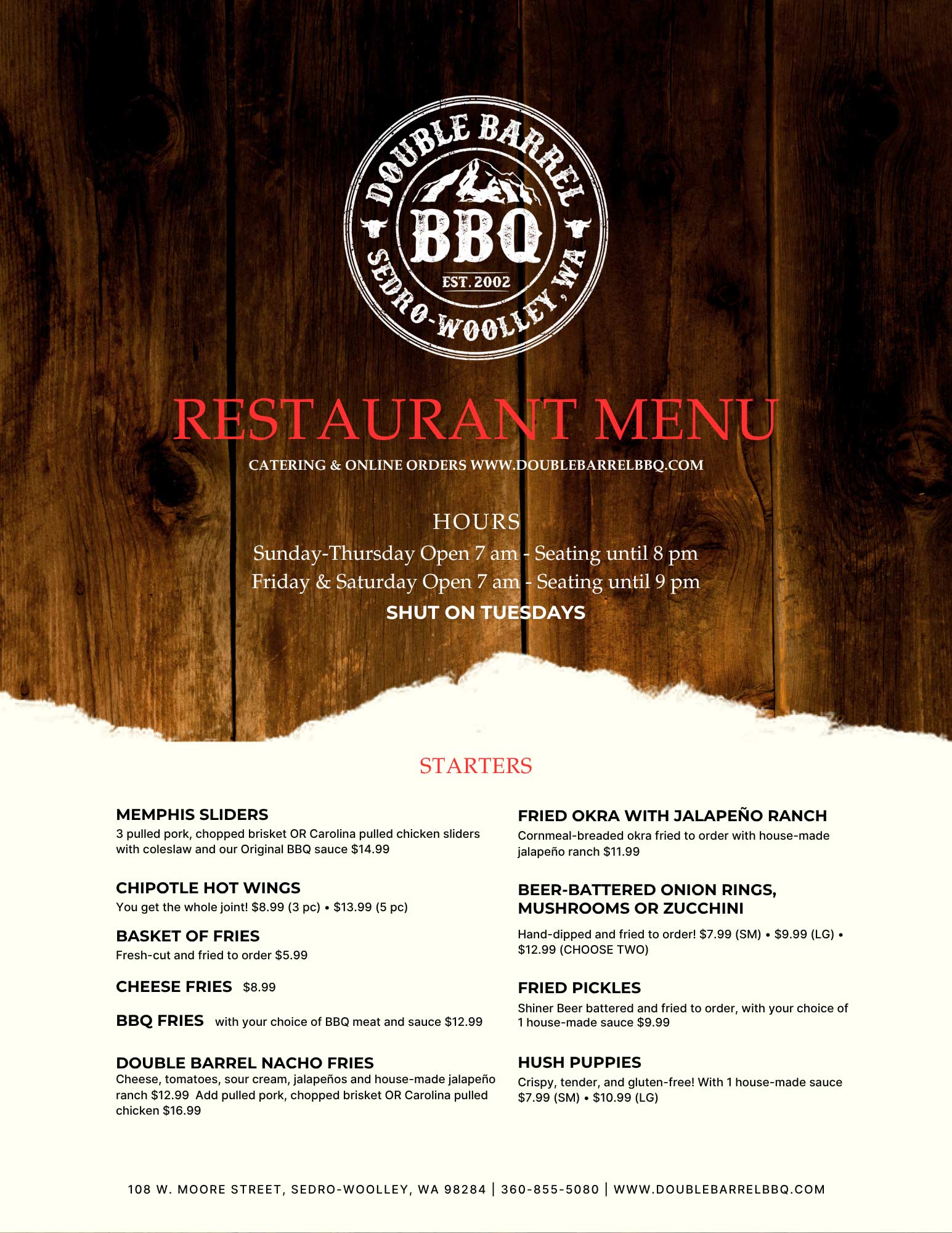 Double Barrel BBQ Restaurant Menu