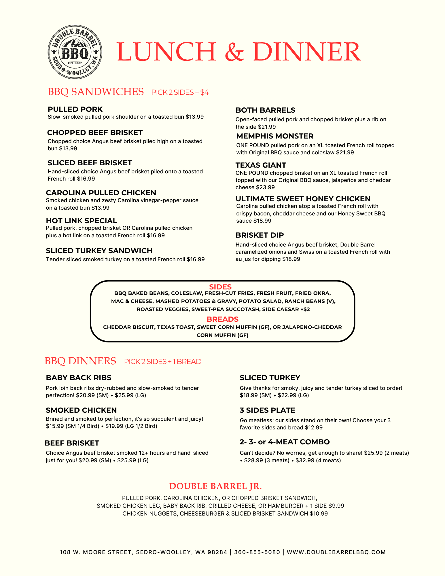 Double Barrel BBQ Restaurant Lunch and Dinner Menu