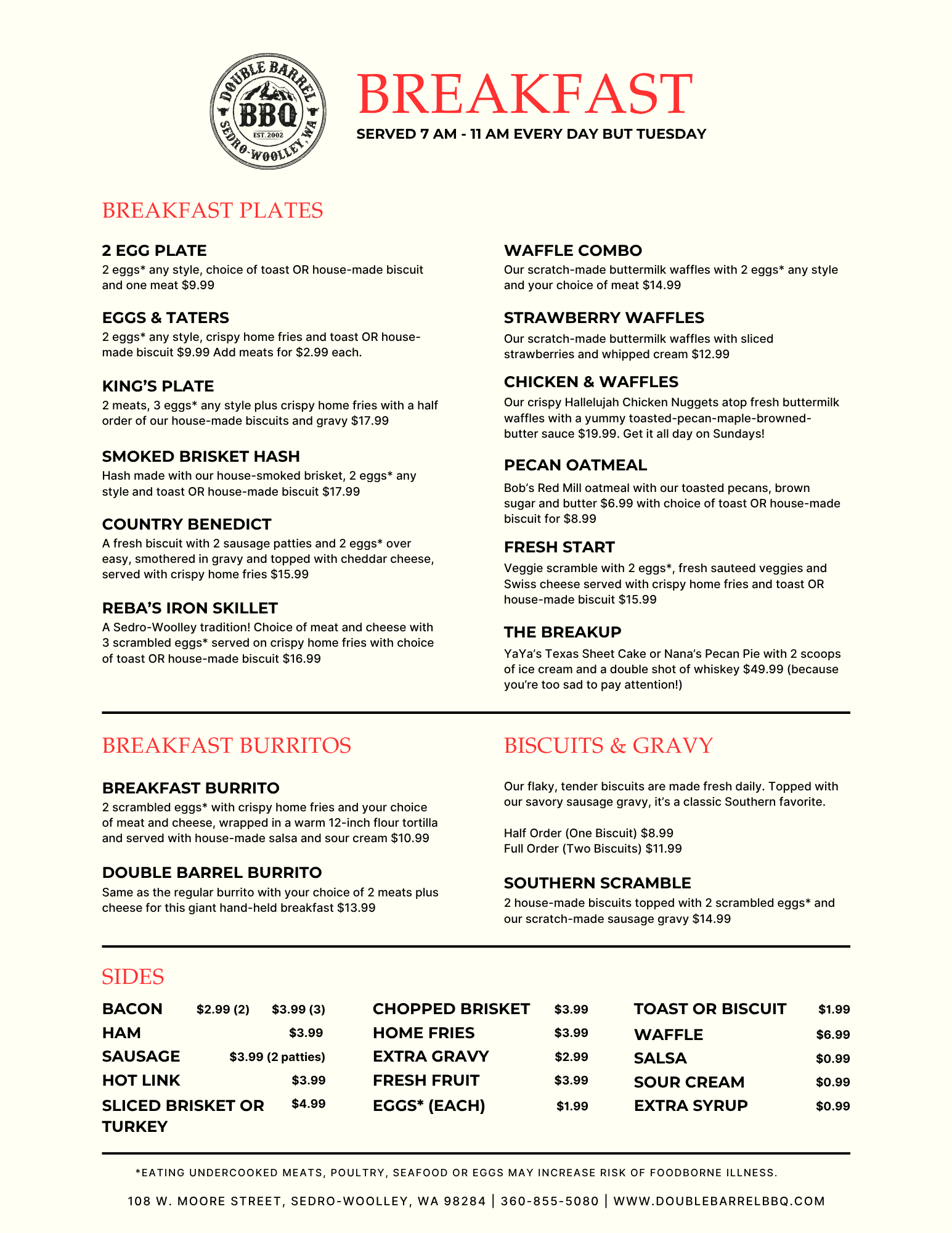 Double Barrel BBQ Restaurant Breakfast Menu